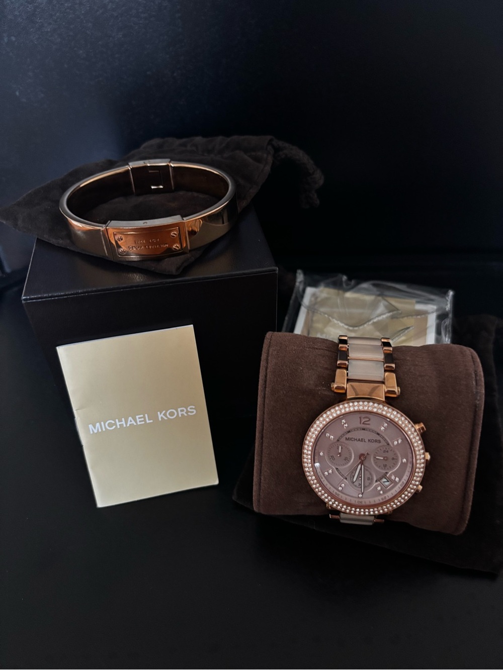 Michael Kors Rose Gold Tone Watch with Skin Color Ceramic Links & RG Bangle